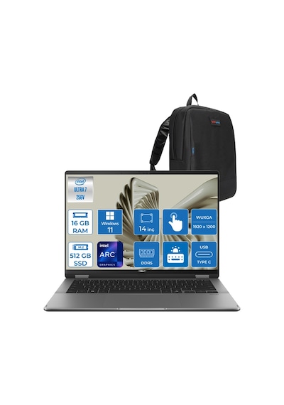 Asus VivoBook 14 FLIP TP3407SA-QL091WP01 Ultra 7 256V 16 GB 512 GB SSD 14" W11P Dizüstü Bilgisayar + Çanta