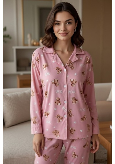 Rukod Kadın Mor Ayıcık Desenli Süet Gömlek Yaka Düğmeli Uzun Altlı Pijama Takımı Pembe