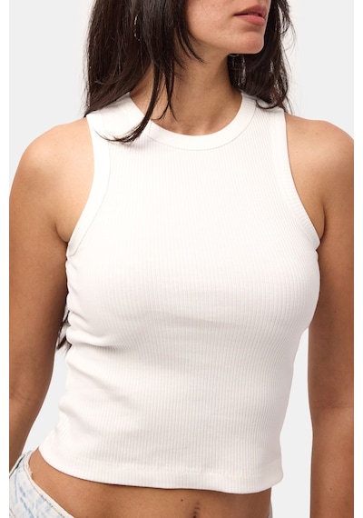 Kadın Ekru S6-101 Sıfır Kol Esnek Kumaş Crop Top