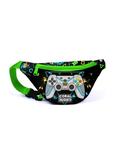 Coral High Kids Siyah Fosforlu Yeşil Gamer Desenli Bel Çantası 11530 Siyah