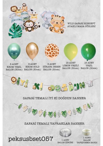 Safari Doğum Günü Parti Paketi Yeşil Gold Balon Zinciri Safari Ayaklı Pano Ve Banner Set Gri