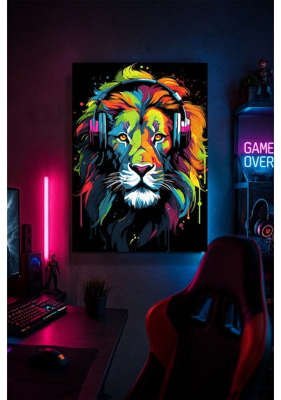 Gaming Aslan Metal Duvar Tablosu Kulaklıklı Gamer Oda Dekoru Renkli Tasarım 30x40 Cm A3 Boyutunda