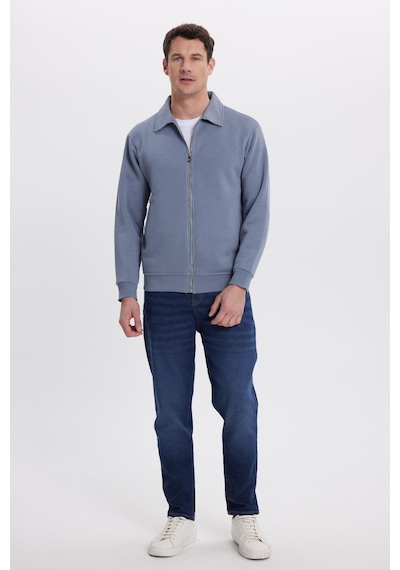 Tudors Unisex Relax Fit Rahat Kesim Pamuklu İç Polarlı Fermuarlı Gri Polo Yaka Flato Cepli Sweatshirt Hırka-41977 Gri