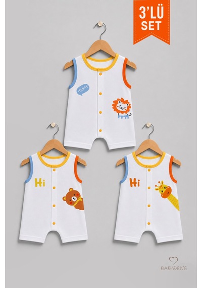 Babyden's Erkek Bebek Şortlu Tulum 3'lü Set % 100 Pamuklu Kolsuz Çıtçıtlı Yazlık Safari Baskılı Yenidoğan Bebek Tulumu Çok Renkli