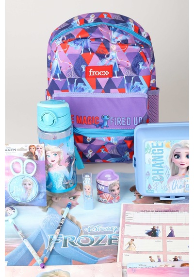 X Dekomus Lisanslı Elsa Frozen Full Kırtasiye Seti Anaokul Çantası,beslenme Kabı,matara,beslenme Örtüsü Altın