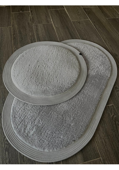 Melena Carpet Premium Kaymaz Taban Peluş Banyo Paspası Seti Jüt Kenar Detaylı 2 Li Oval Yuvarlak 100x60 60x60 Açik Gri