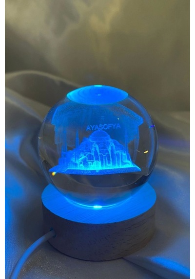 3d Led Işık Gecelambası Cam Küre Çok Renk Günışığı Ahşap Ayasofya Cami Gece Lambası 6 Cm
