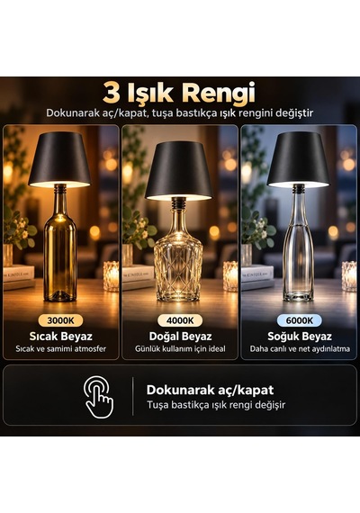 Şişe Tipi Led Masa Lambası Şişe Dahil Değildir , 3 Işık Seçenekli Dokunmatik Dekoratif Aydınlatma, Usb Şarjlı Kablosuz Masa Lambası, Led-l200 Diğer 12781495