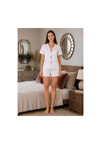 Pijamask Kadın Beyaz Kırmızı Kalp Desenli Gömlek Yaka Kısa Kollu Şortlu Pijama Takımı Yazlık Rahat Ev Giyim Uyku Takımı Beyaz