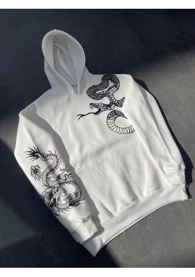 Valensdesign Uzun Kol Kapşonlu Baskılı Sweatshirt - Beyaz