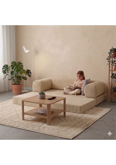 Herev 160x80 Sünger Koltuk İki Kişilik Kanepe Yataklı Yıkanabilir Kadife Kumaşlı Krem