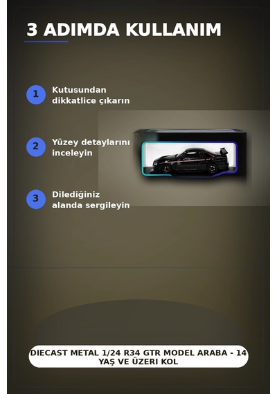 Diecast Metal 1/24 R34 Gtr Model Araba - 14 Yaş Ve Üzeri Koleksiyon İçin Tekli Paket Bx-313407