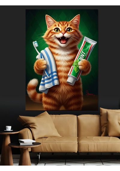 Ahşap Tablo Diş Fırçası Tutan Kedi