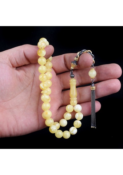 925 Ayar Çift Renk Gümüş Püsküllü 9.5 Mm Damla Kehribar Tesbih