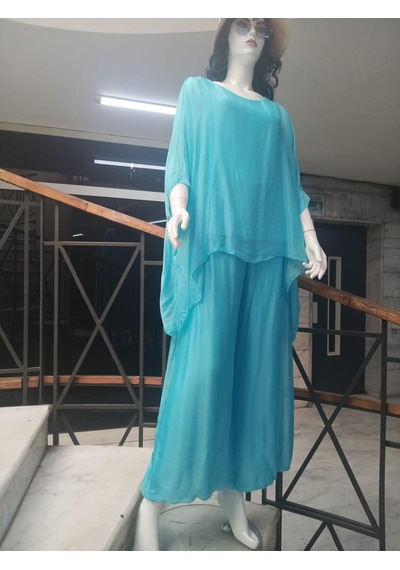 Bohem Stil İtalyan Yarasa Kol İpek Bluz & Pantolon Takım-8767 Turkuaz