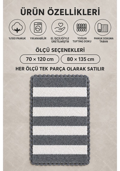 Alanur Bodrum Tufting Cotton Pamuklu El Işi Örgülü Paspas 112 80 X 135 Cm Beyaz - Gri