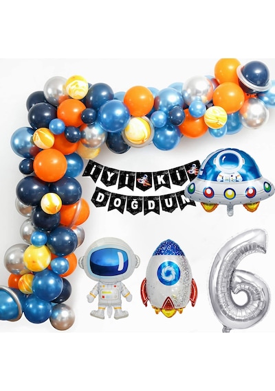 Uzay Temalı Doğum Günü Seti 6 Yaş ; 4 Adet Folyo Balon, 60 Adet Lateks Balon, Banner, Balon Zinciri ve Balon Bandı