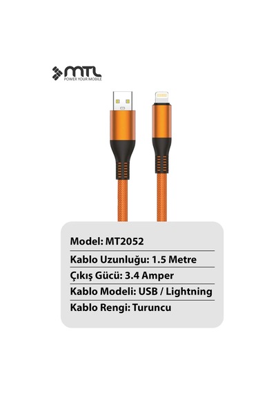 3.4a Apple Uyumlu iPhone Lightning Metal Başlıklı Örgülü Hızlı Şarj Ve Data Kablosu 1.5 Metre Mt2052