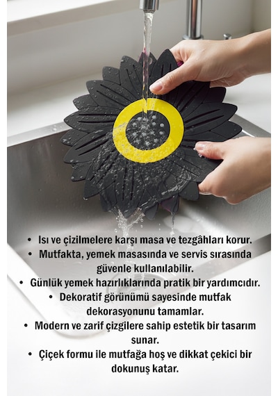 Ayçiçeği Model Kaymaz Silikon Nihale Tencere, Tava, Çaydanlık Ve Servis Altlığı 18,5 X 18,5 Cm Siyah