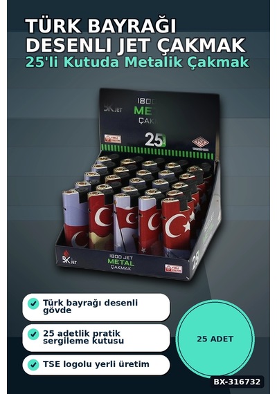 Jet Alevli Rüzgar Çakmağı Türk Bayrağı Desenli Manyetolu Gaz Dolumlu 1 Adet Bx-316732 Diğer