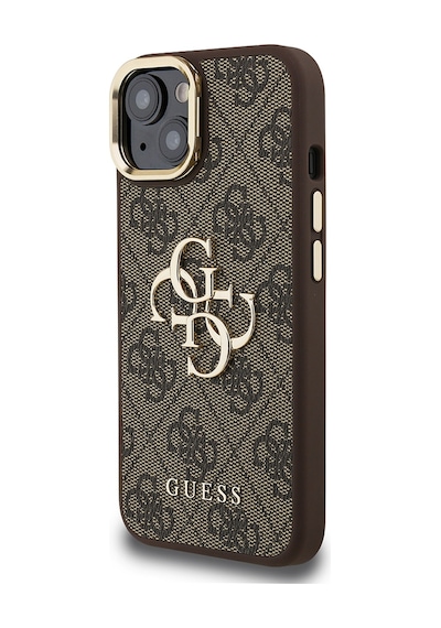 Apple Uyumlu iPhone 15 Kılıf Guess Lisanslı Metal 4g Ve Yazı Logolu Kamera Standlı Kapak Kahverengi