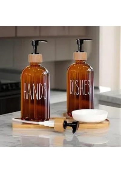 Dispenser Seti 2 Li Şişe Hands Dishes Etiketli Bambu Kapaklı Sıvı Sabun Deterjan Pompası Çok Renkli