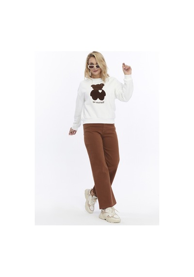 Kadife Be Yourself Desenli Ekru Yumuşak Dokulu Regular Fit Bisiklet Yaka Kadın Sweatshirt Ekru