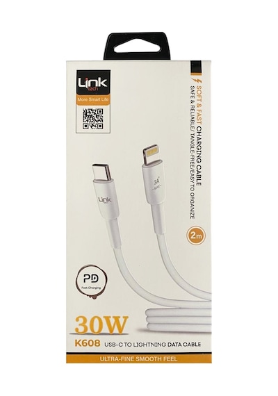 LinkTech K608 Type-C To Lightning 30 W 2 M Şarj Kablosu Beyaz