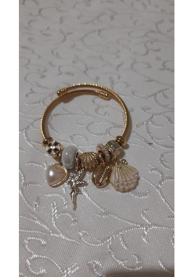 Uzel Sarı Gold Model Incili Deniz Kabuğu Charmlı Çelik Bileklik Beyaz