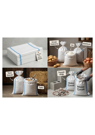 Beyaz Sentetik Çuval 50x70 Cm Çift Çizgili Erzak Un Yem Moloz Çuvalı 10'lu Paket