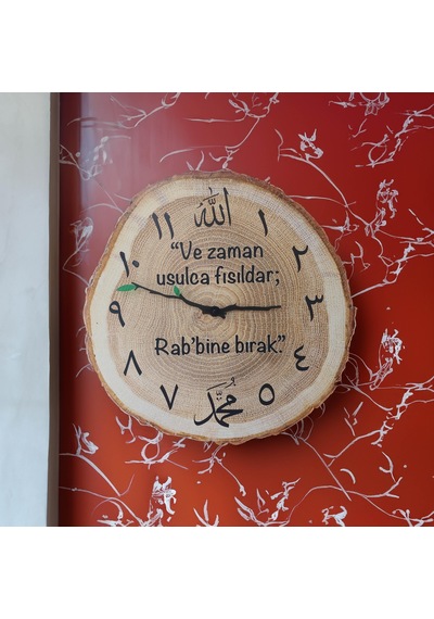 Dekoratif Ağaç Gövdesi Kütük Şeklinde Dini Motifli 40 Cm Duvar Saati Ahşap