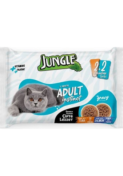 3 Adet Jungle 4 100 Gr. Çift Lezzet Pouch Yetişkin Kedi Ton - Somonlu