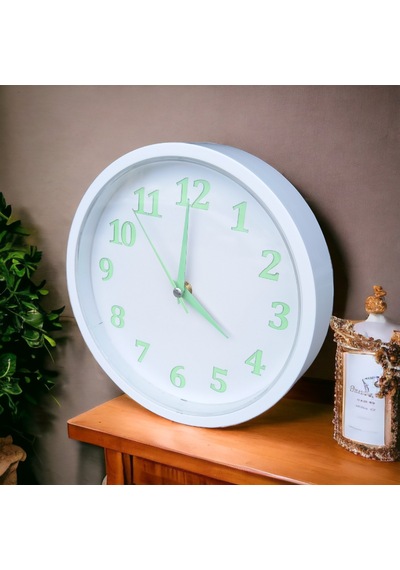 Fosforlu Gece Parlayan Beyaz Salon Mutfak Ofis Duvar Saati 22 Cm Beyaz