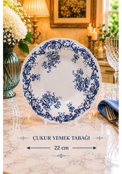 Mavi Çiçek Desenli Porselen Yemek Takımı 6 Kişilik 24 Parça