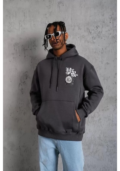 Erkek Baskılı Kapşonlu Sweat - Füme 001