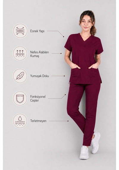 Üniforma Bordo Hemşire Ve Doktor Forması Scrubs Takımı Likralı Alt Üst Üniforma Unisex Yarasa Kol