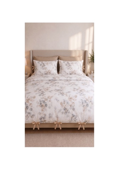 %100 Pamuk Çift Kişilik Okaliptüs Desenli Nevresim Seti 220x200 Cm Bağcıklı 2 Desenli + 2 Düz Beyaz Yastık Kılıfı Bej - 909842495 Bej