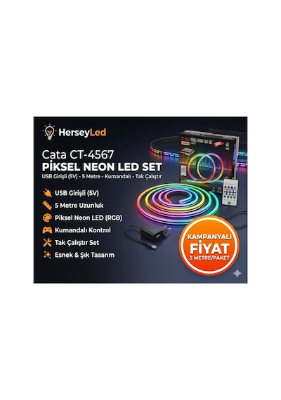 Ct-4567 Piksel Neon Led Usb Girişli 5v 5 Metre Kumandalı Tak Çalıştır Set