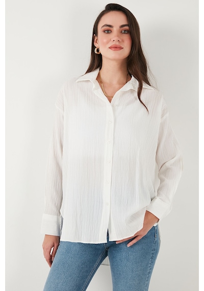 Lela Regular Fit Uzun Kollu Dokulu Bayan Gömlek 6772799 Beyaz