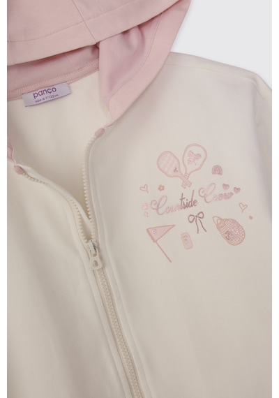 Panço Kız Çocuk Kapüşonlu Fermuarlı Baskılı Ekru Sweatshirt Krem 2621GK08007