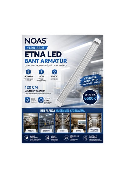 Noas Yl98-8801 Etna Led Bant Armatür 100w 120 Cm 6500k Beyaz Işık 9000 Lümen 4 Sıra Led - 920474163 Diğer