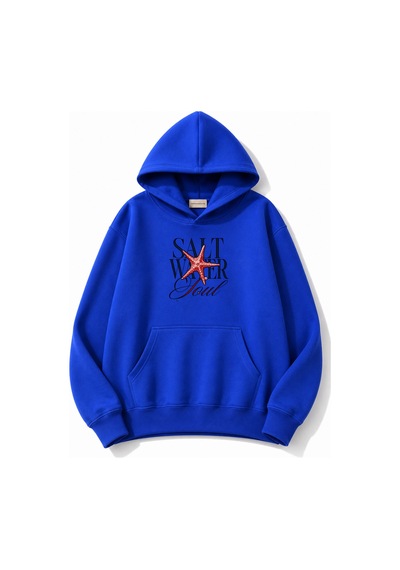 Herkesemoda Salt Water Baskılı Kapüşonlu 2 İplik Şardonlu Sweatshirt Mavi