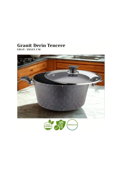 28 Cm Granit Derin Tencere Cam Kapak - Siyah Siyah