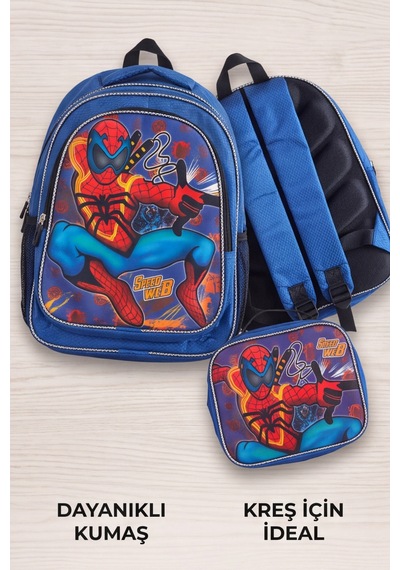 Superhero Beslenme Çantalı İlkokul Ve Anaokulu Sırt Çantası Seti Ergonomik Çocuk Okul Çantası Mavi - Lacivert