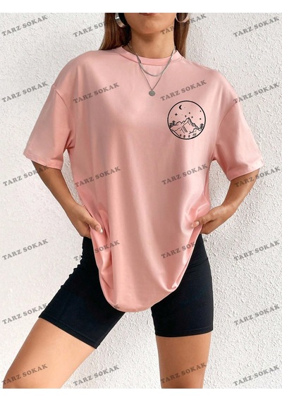 Flood Of Style Unisex Bay Güneş Ve Ay Desenli Düşük Omuz Tişört Kod-1350 Pembe