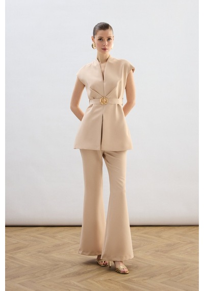 Sateen Aksesuar Kuşaklı Kolsuz Bluz - Bej-136734 Bej