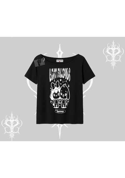 Tarzsokak Kayık Yaka Tshirt Best Friends Forever Baskılı Sevimli Tasarım Siyah