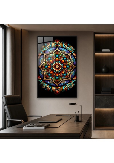 Siyah Fonda Vitray Renklerinde Detaylı Simetrik Mandala Siyah Çerçeveli Cam Tablo