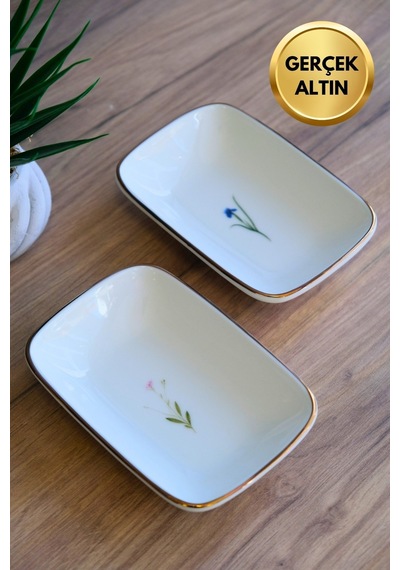 Tabak Evi Porselen Natura Karma Altın Yaldızlı Dikdörtgen Kayık Tabak 14x9,8cm 2 Parça Çok Renkli