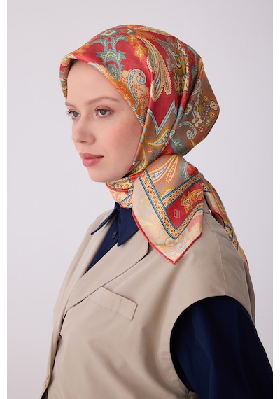 Belli Etnik Desen İpek Twill Eşarp - 2026 İlkbahar-yaz T 4304 Nar